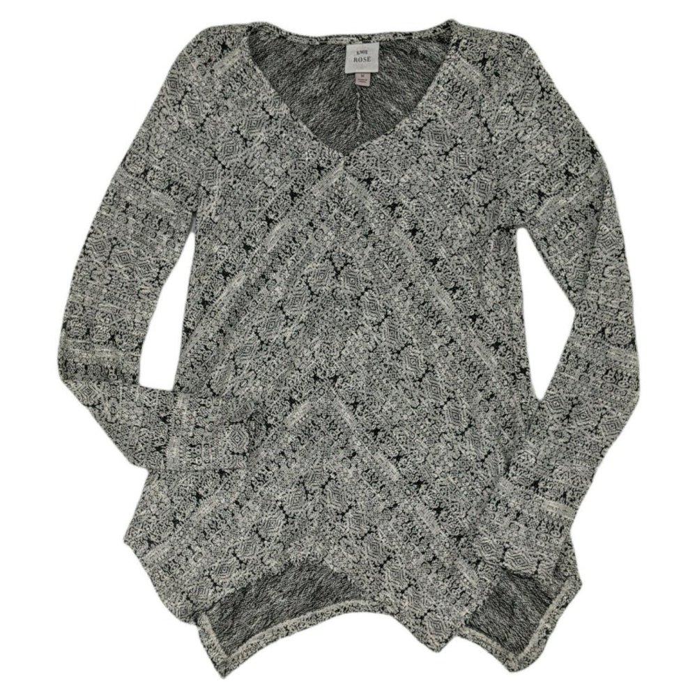 Knox Rose Woman's Medium Top Black And White Raw Hem Asymmetrical Pullover Shirt